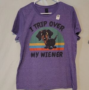 Graphic Tee - I Trip Over My Wiener With Dog, Women Large, Soft Purple Heather